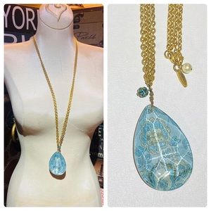 Lenore Dame Blue Crystal Drop Pendant Double Chain